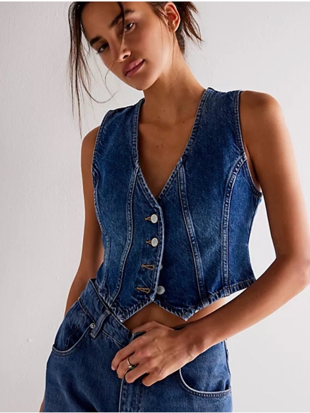 We The Free Dark Blue Denim Cropped Button Tank